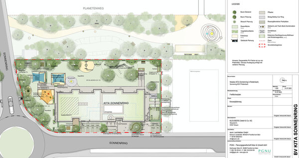 Plan des Grundrisses der Kita und der Gartenanlage. Ein rechteckiges Geb&auml;ude mit der langen Eingangsseite zur Stra&szlig;e hin. Der Garten und der Spielbereich sind von der Stra&szlig;e abgewandt.